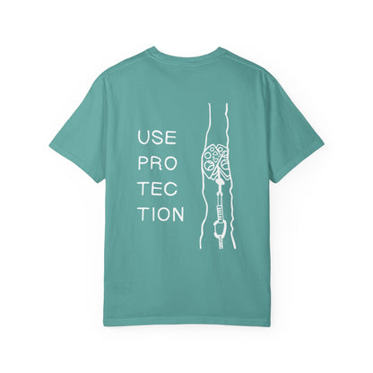 Use Protection | Funny Trad Climbing Tee | Rock Climbing Humor Shirt
