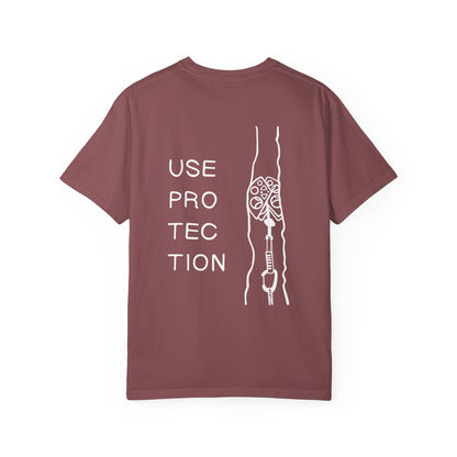 Use Protection | Funny Trad Climbing Tee | Rock Climbing Humor Shirt