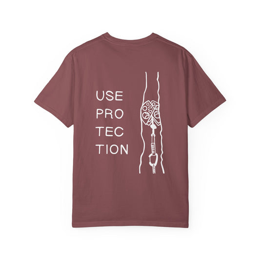 Use Protection | Funny Trad Climbing Tee | Rock Climbing Humor Shirt