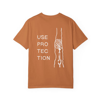 Use Protection | Funny Trad Climbing Tee | Rock Climbing Humor Shirt